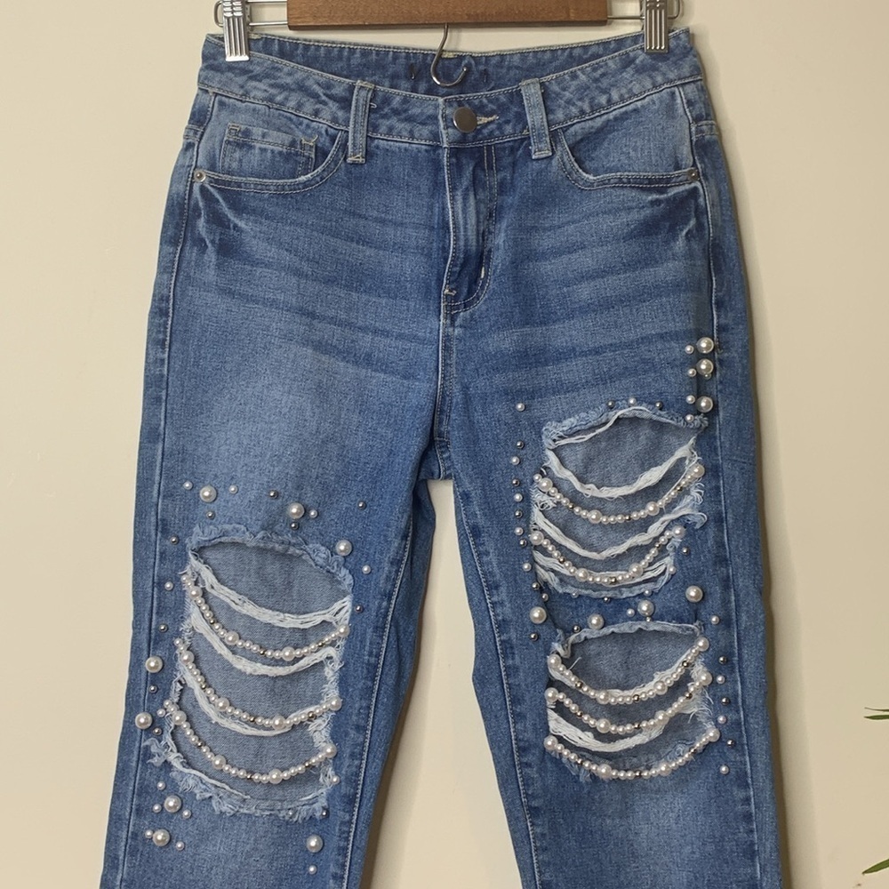 Forever 21 | Blue Denim Pearl Detail Distressed Western Bridal Wedding Jeans S - Picture 3 of 17